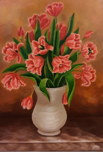Tulipany w wazonie, akryl na płótnie, <br/> 70 x 50 cm, dostępny