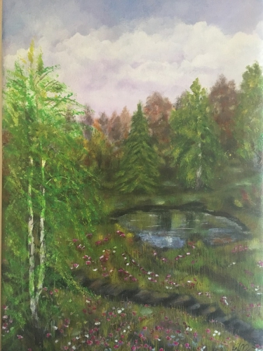 Jeziorko w lesie, akryl na płótnie, 50 x 40 cm, niedostępny