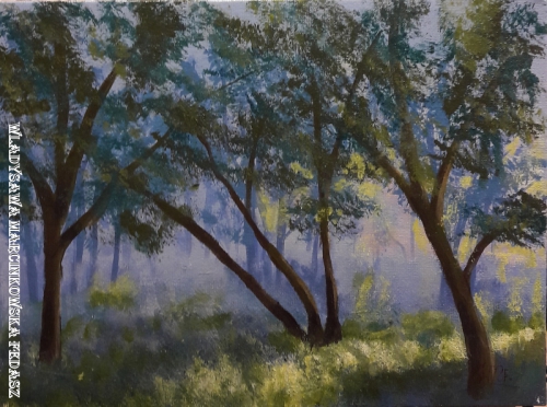 Las we mgle, akryl na płótnie, 24 x 18 cm, niedostępny
